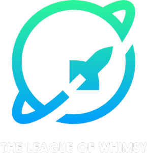The League of Whimsy logo featuring a planet with a rocket making a ring around it in a simple vector style.
